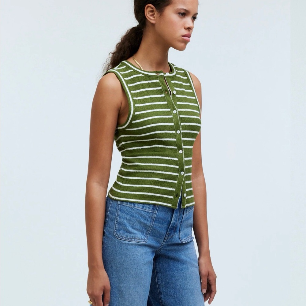 Sleeveless Green Stripe Button-Front Knit Top